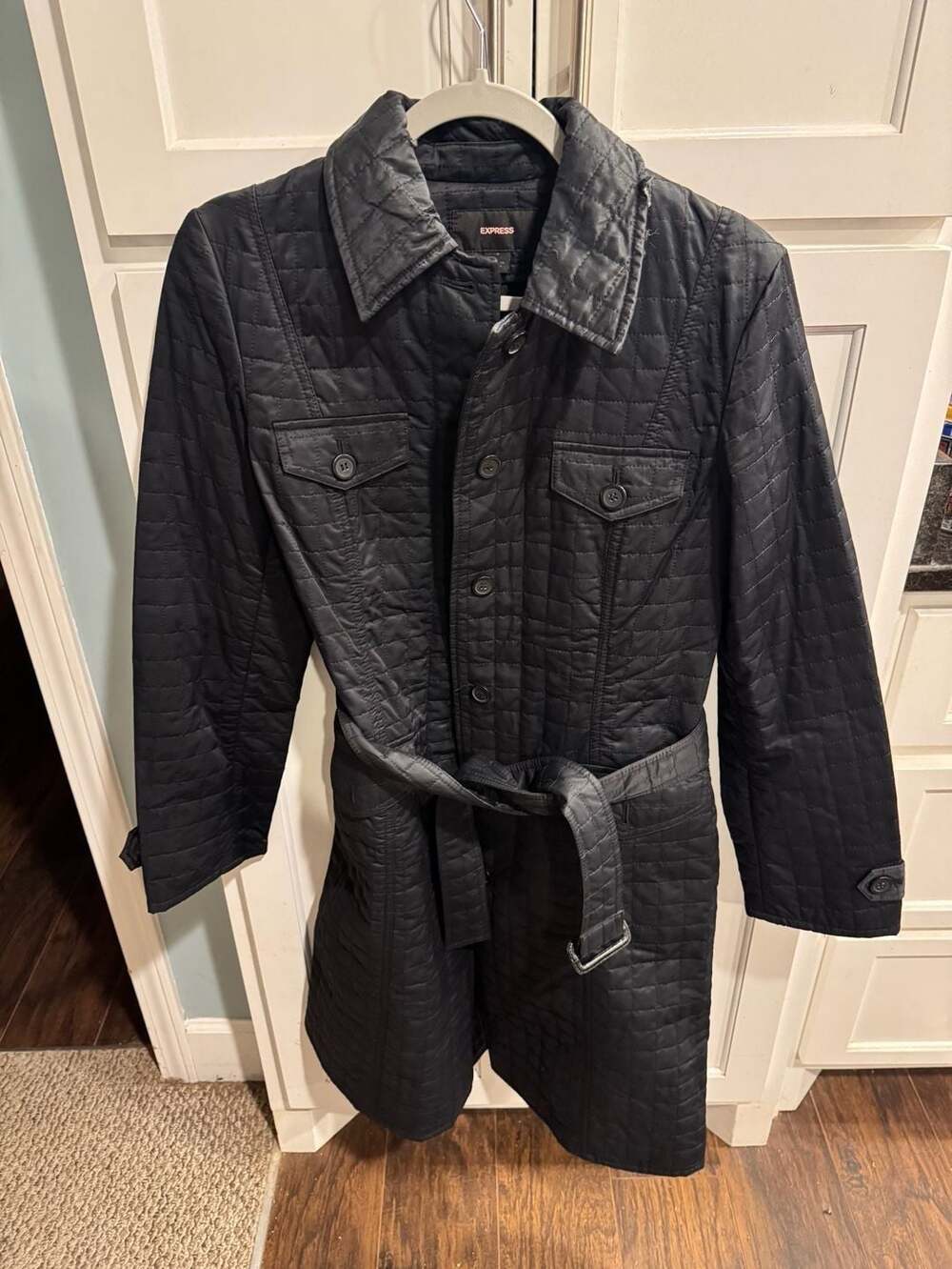 Express Black Quilted Belted Trench Coat